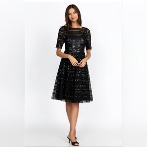 NWT Size 12 Johnny Was Black Beaded Sequin Midi Cocktail Dress